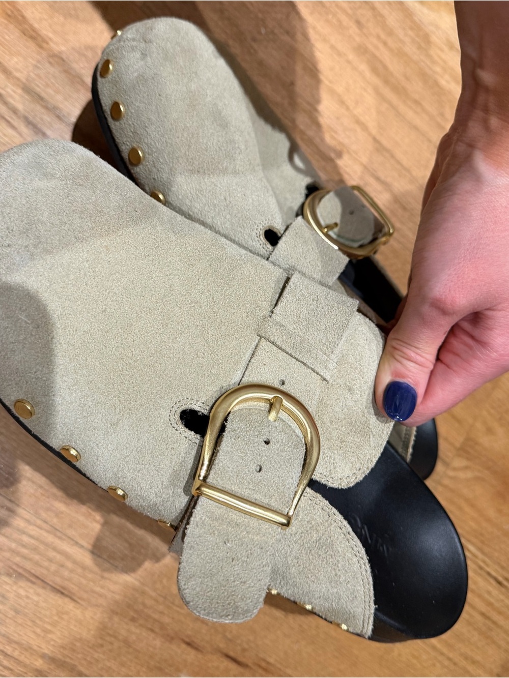 Suede Buckle Clog Sandals in Light Beige